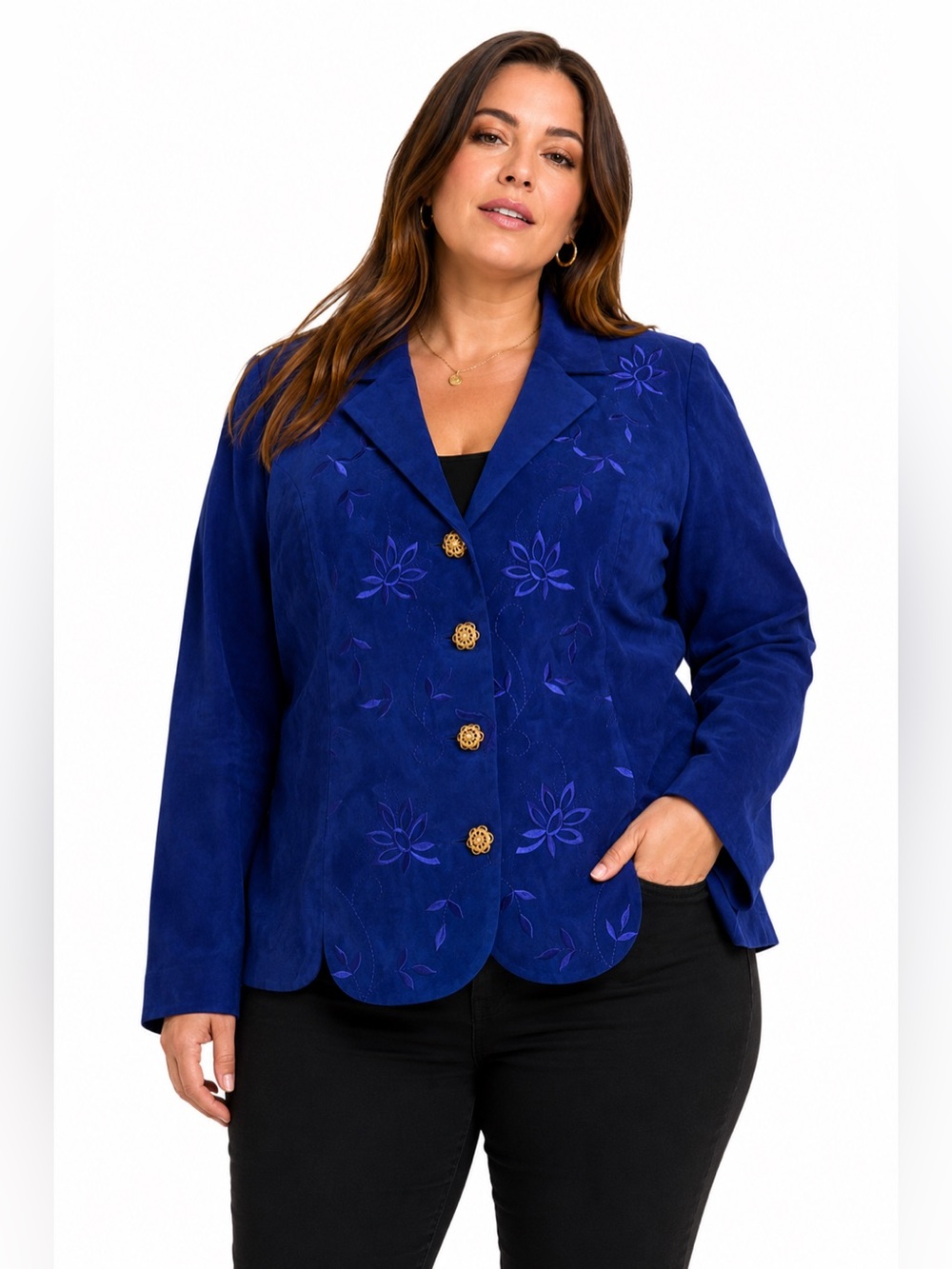 80s/90s Vintage Leslie Fay Faux Suede Embroidered Jacket (Royal Blue) Size: 16